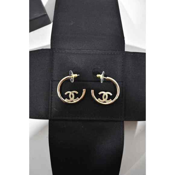 Chanel 22P Gold Metal Interlocking CC Logo Dangle Drop Statement Hoop Earrings - Picture 4 of 11
